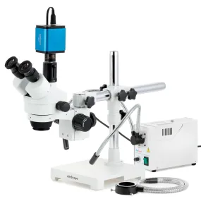 AmScope SM-3 Series Zoom Trinocular Stereo Microscope with 150W Halogen Dual Gooseneck & Ring Lights and Auto Focus Camera on Single Arm Boom Stand