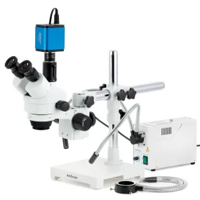 AmScope SM-3 Series Zoom Trinocular Stereo Microscope with 150W Halogen Dual Gooseneck & Ring Lights and HDMI Camera on Single Arm Boom Stand