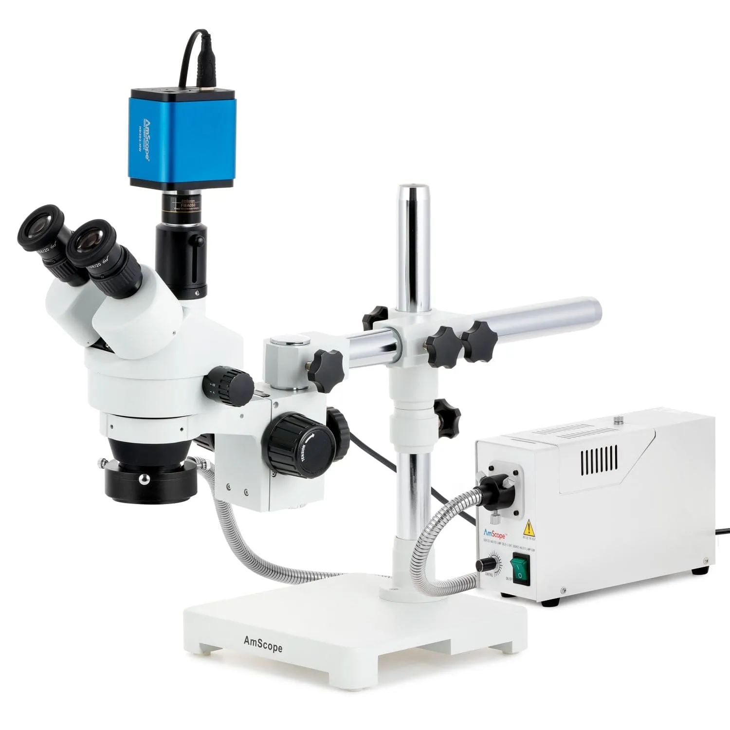 AmScope SM-3 Series Zoom Trinocular Stereo Microscope with 150W Halogen Ring Light and HDMI Camera on Single Arm Boom Stand