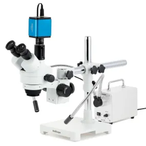 AmScope SM-3 Series Zoom Trinocular Stereo Microscope with 30W LED Dual Gooseneck Fiber Optic Lights and Auto Focus Camera on Single Arm Boom Stand