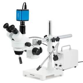 AmScope SM-3 Series Zoom Trinocular Stereo Microscope with 30W LED Dual Gooseneck Fiber Optic Lights and HDMI Camera on Single Arm Boom Stand