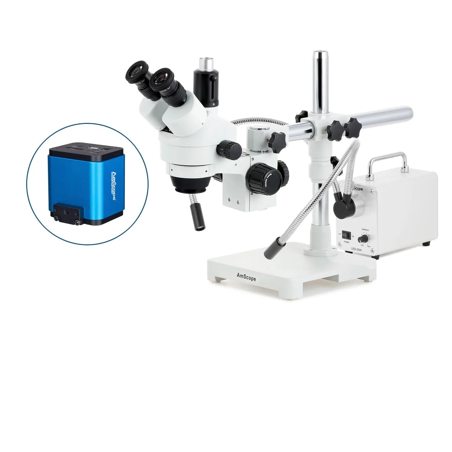 AmScope SM-3 Series Zoom Trinocular Stereo Microscope with 30W LED Dual Gooseneck Fiber Optic Lights and HDMI Camera on Single Arm Boom Stand