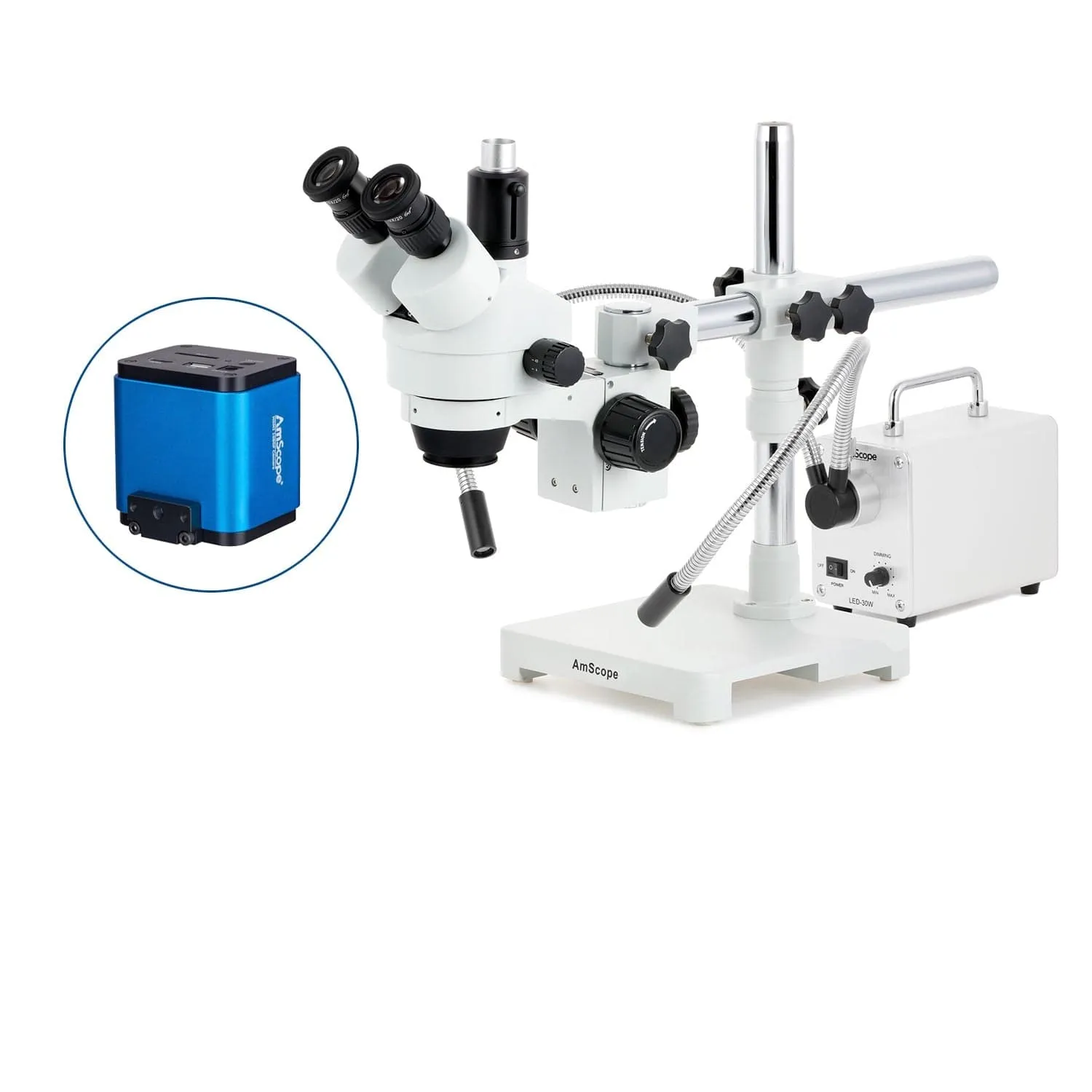 AmScope SM-3 Series Zoom Trinocular Stereo Microscope with 30W LED Dual Gooseneck Fiber Optic Lights and HDMI Camera on Single Arm Boom Stand