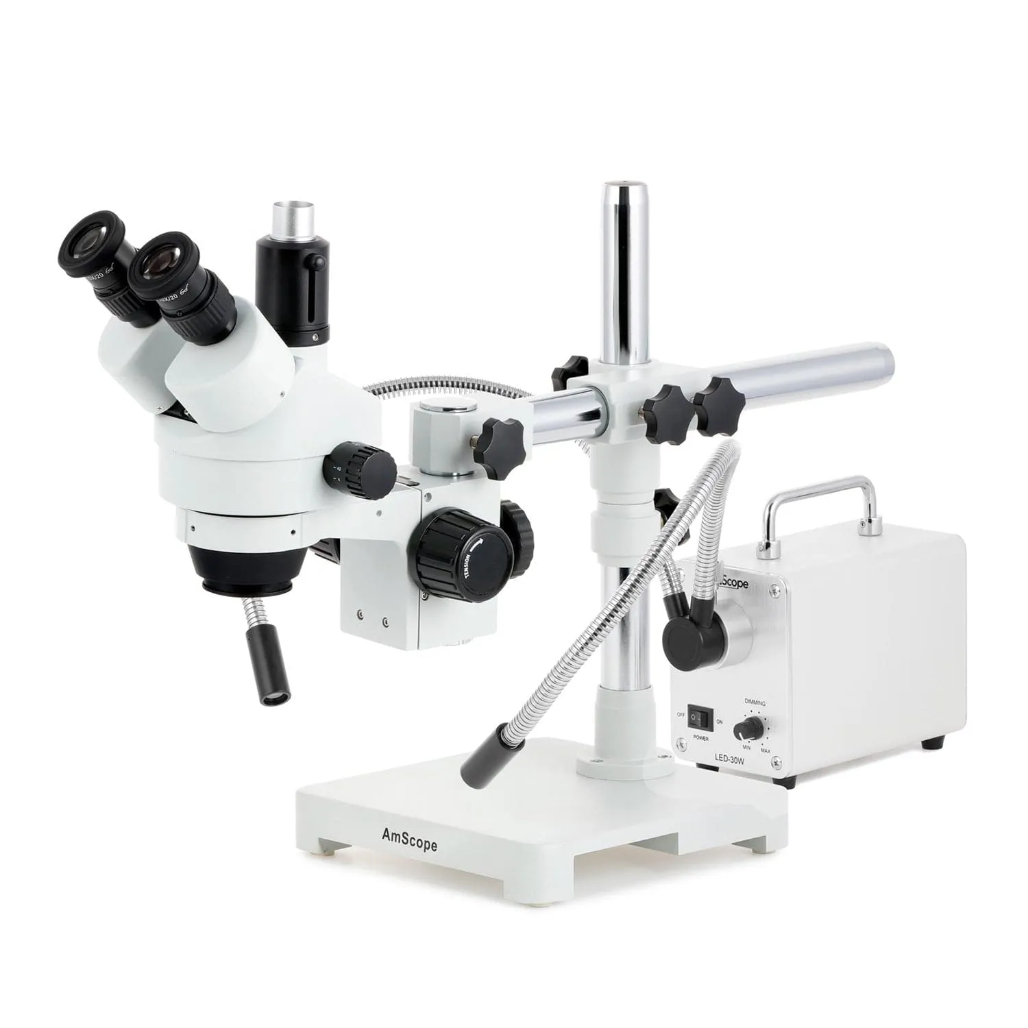 AmScope SM-3 Series Zoom Trinocular Stereo Microscope with 30W LED Dual Gooseneck Fiber Optic Lights and HDMI Camera on Single Arm Boom Stand