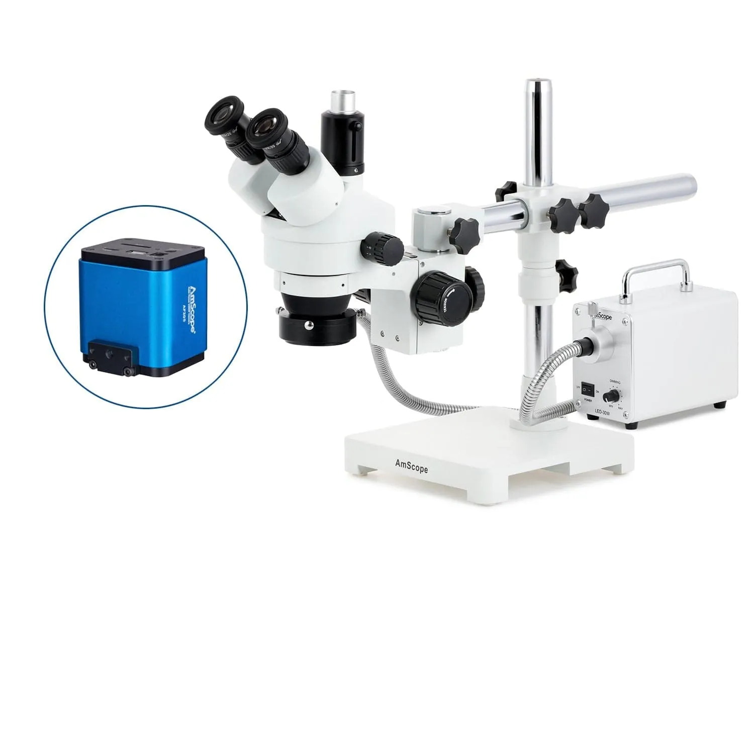 AmScope SM-3 Series Zoom Trinocular Stereo Microscope with 30W LED Fiber Optic Ring Light and Auto Focus Camera on Single Arm Boom Stand