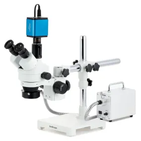 AmScope SM-3 Series Zoom Trinocular Stereo Microscope with 30W LED Fiber Optic Ring Light and Auto Focus Camera on Single Arm Boom Stand