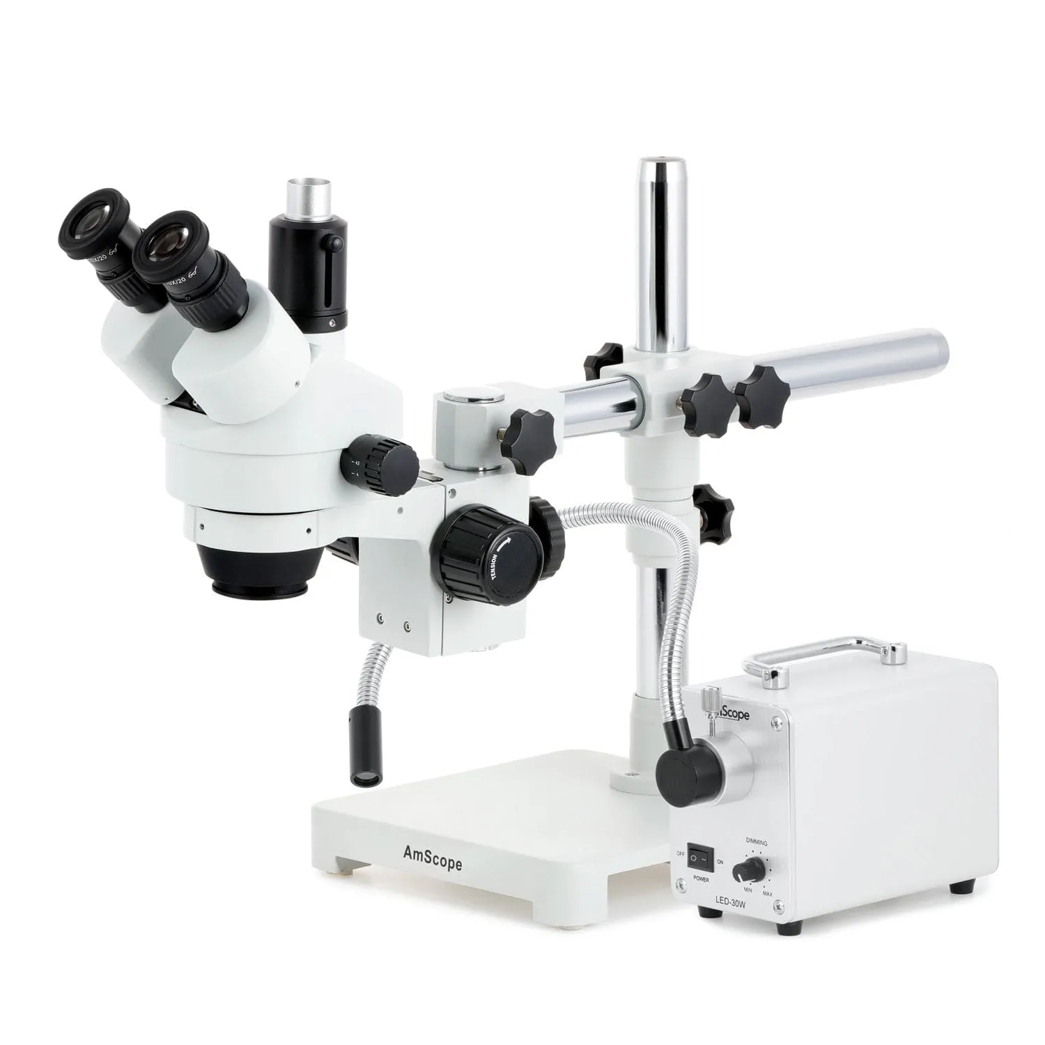 AmScope SM-3 Series Zoom Trinocular Stereo Microscope with 30W LED Single Fiber Optic Gooseneck Light and Auto Focus Camera on Single Arm Boom Stand