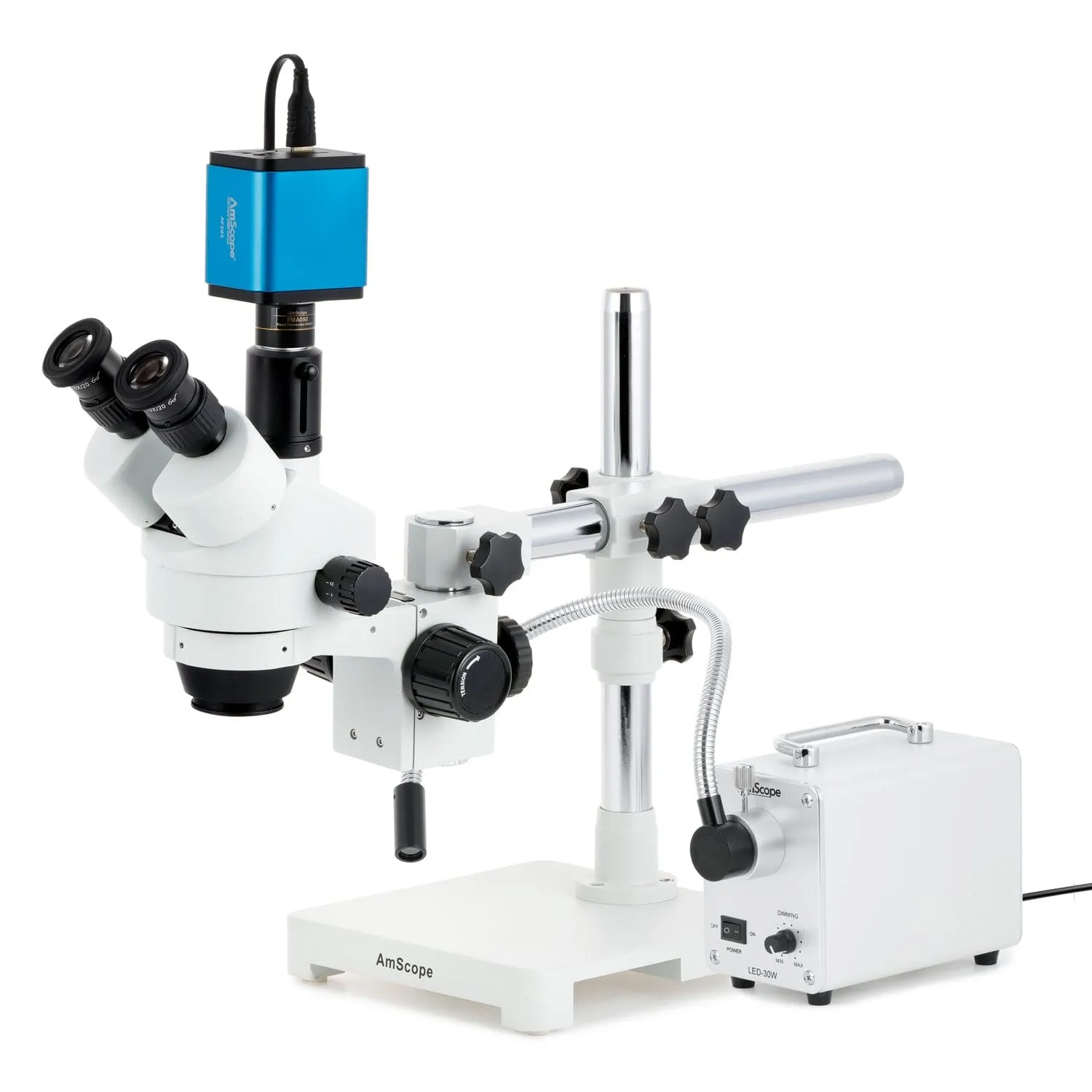 AmScope SM-3 Series Zoom Trinocular Stereo Microscope with 30W LED Single Fiber Optic Gooseneck Light and Auto Focus Camera on Single Arm Boom Stand