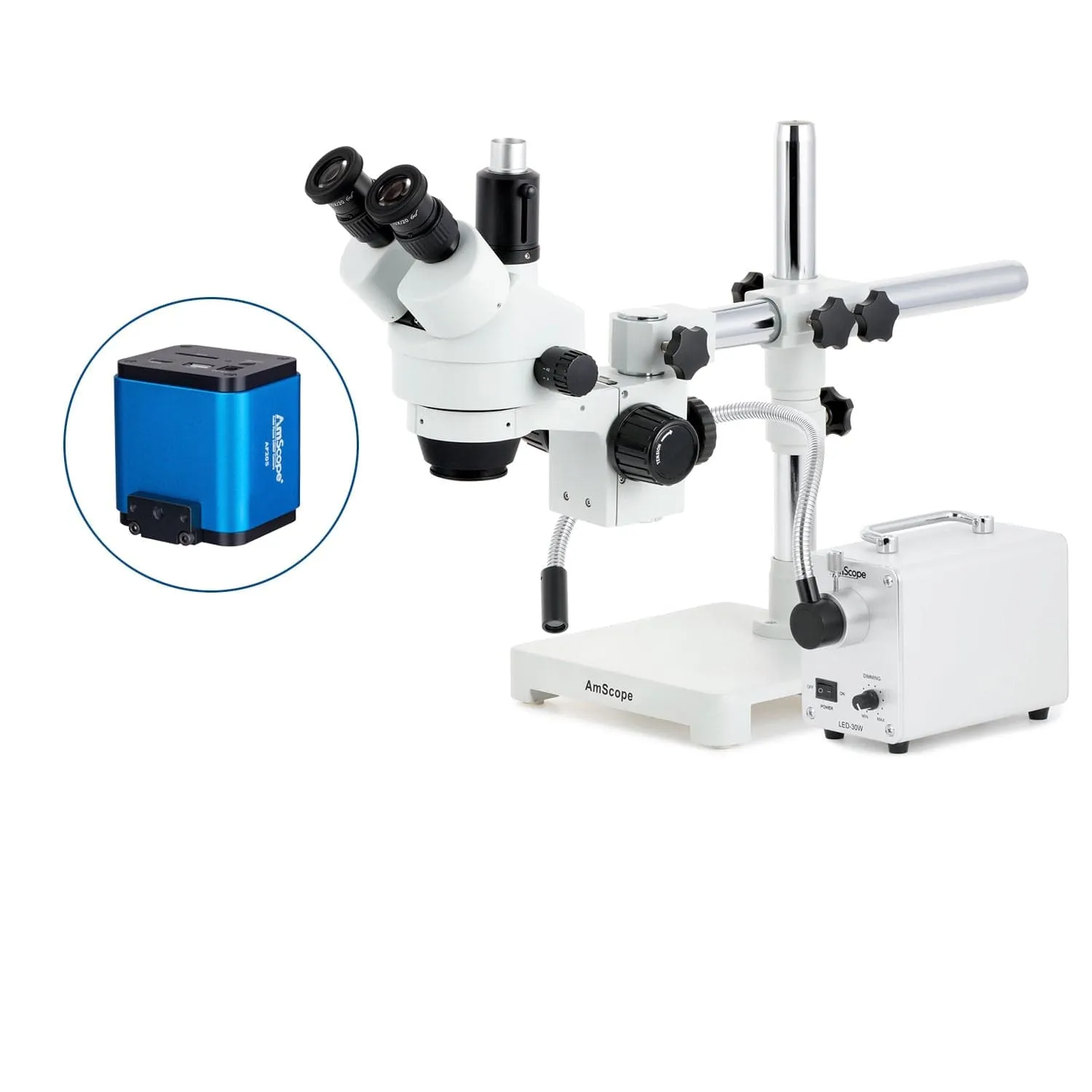 AmScope SM-3 Series Zoom Trinocular Stereo Microscope with 30W LED Single Fiber Optic Gooseneck Light and Auto Focus Camera on Single Arm Boom Stand