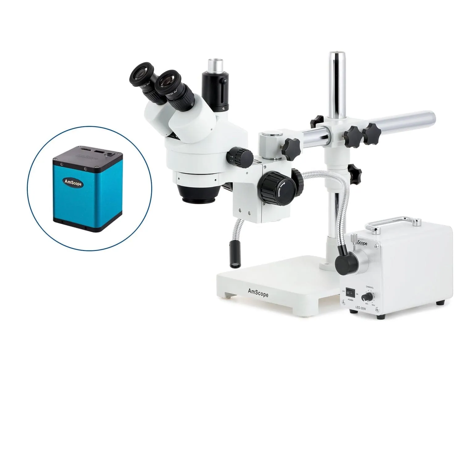 AmScope SM-3 Series Zoom Trinocular Stereo Microscope with 30W LED Single Fiber Optic Gooseneck Light and Auto Focus Camera on Single Arm Boom Stand