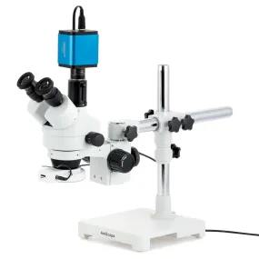 AmScope SM-3 Series Zoom Trinocular Stereo Microscope with 56 LED Compact Ring Light and Auto Focus Camera on Single Arm Boom Stand