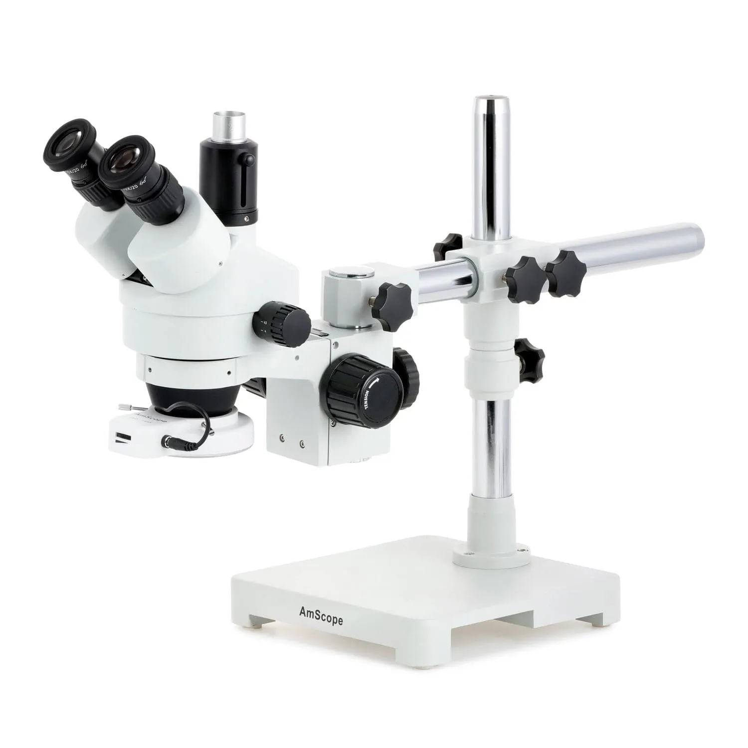 AmScope SM-3 Series Zoom Trinocular Stereo Microscope with 56 LED Compact Ring Light and Auto Focus Camera on Single Arm Boom Stand