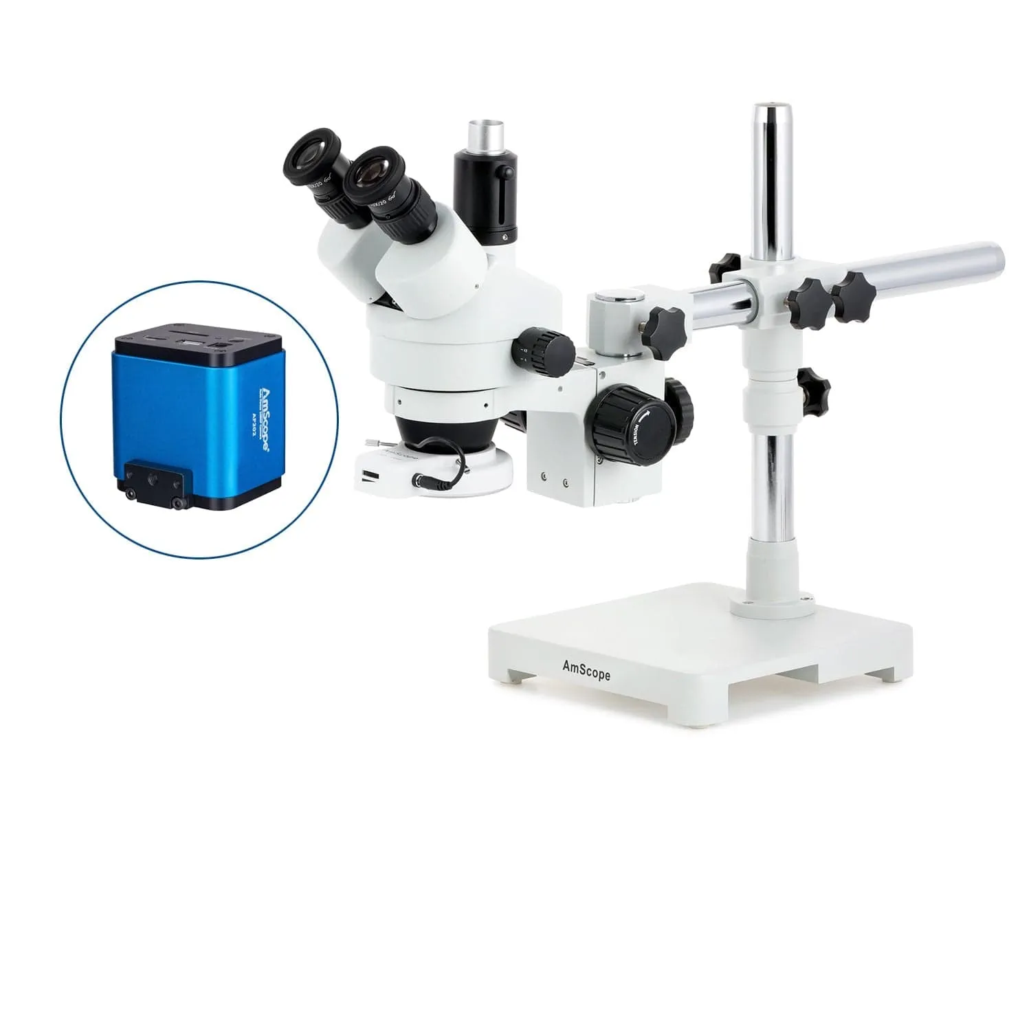 AmScope SM-3 Series Zoom Trinocular Stereo Microscope with 56 LED Compact Ring Light and Auto Focus Camera on Single Arm Boom Stand