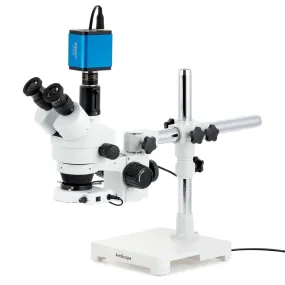 AmScope SM-3 Series Zoom Trinocular Stereo Microscope with 80 LED Compact Ring Light and HDMI Camera on Single Arm Boom Stand