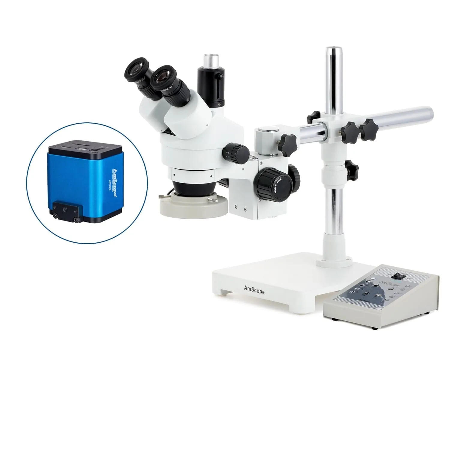 AmScope SM-3 Series Zoom Trinocular Stereo Microscope with 80 LED Direction Variable Ring Light and Auto Focus Camera on Single Arm Boom Stand