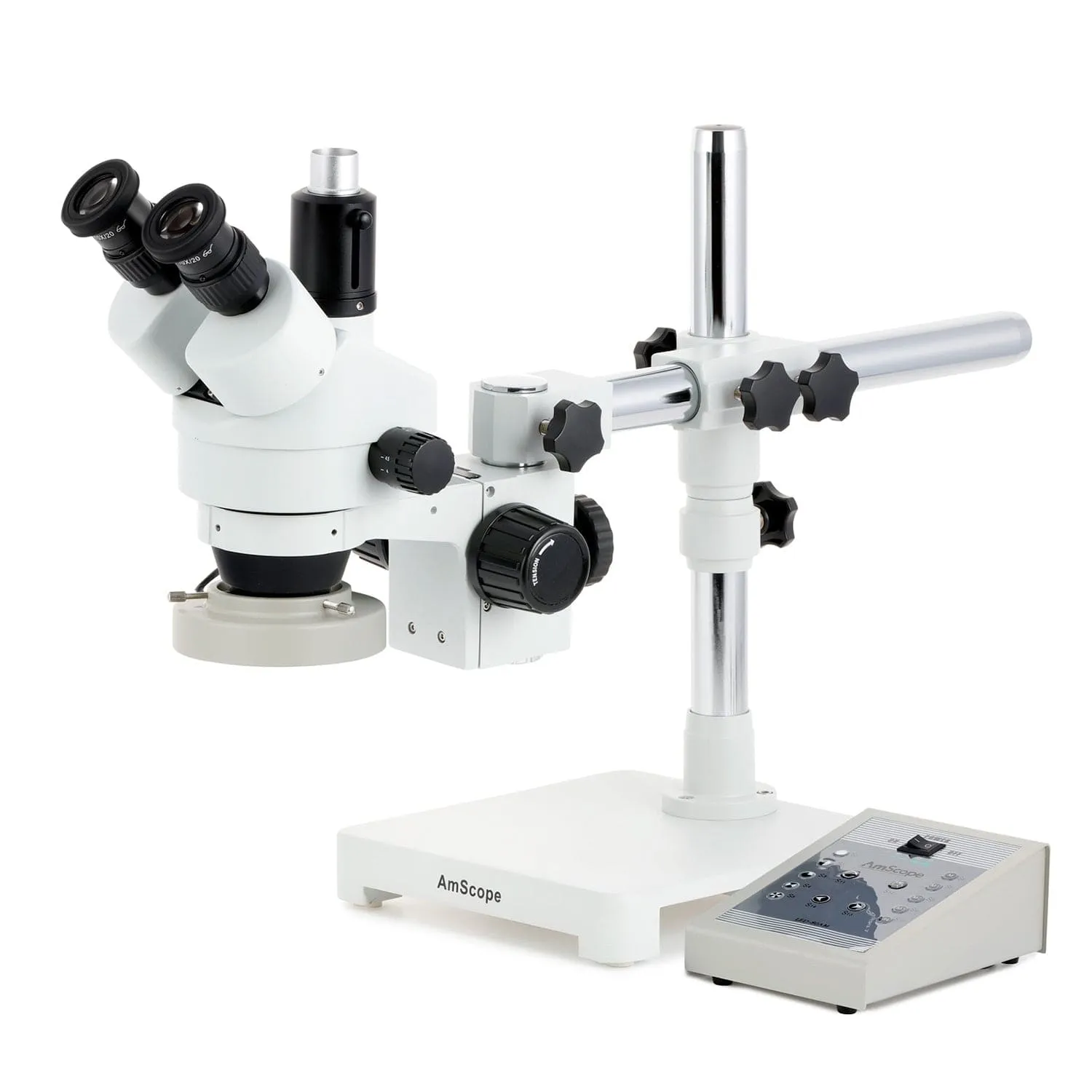 AmScope SM-3 Series Zoom Trinocular Stereo Microscope with 80 LED Direction Variable Ring Light and Auto Focus Camera on Single Arm Boom Stand