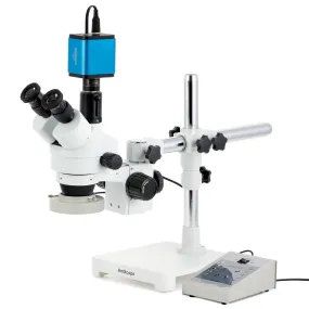 AmScope SM-3 Series Zoom Trinocular Stereo Microscope with 80 LED Direction Variable Ring Light and Auto Focus Camera on Single Arm Boom Stand