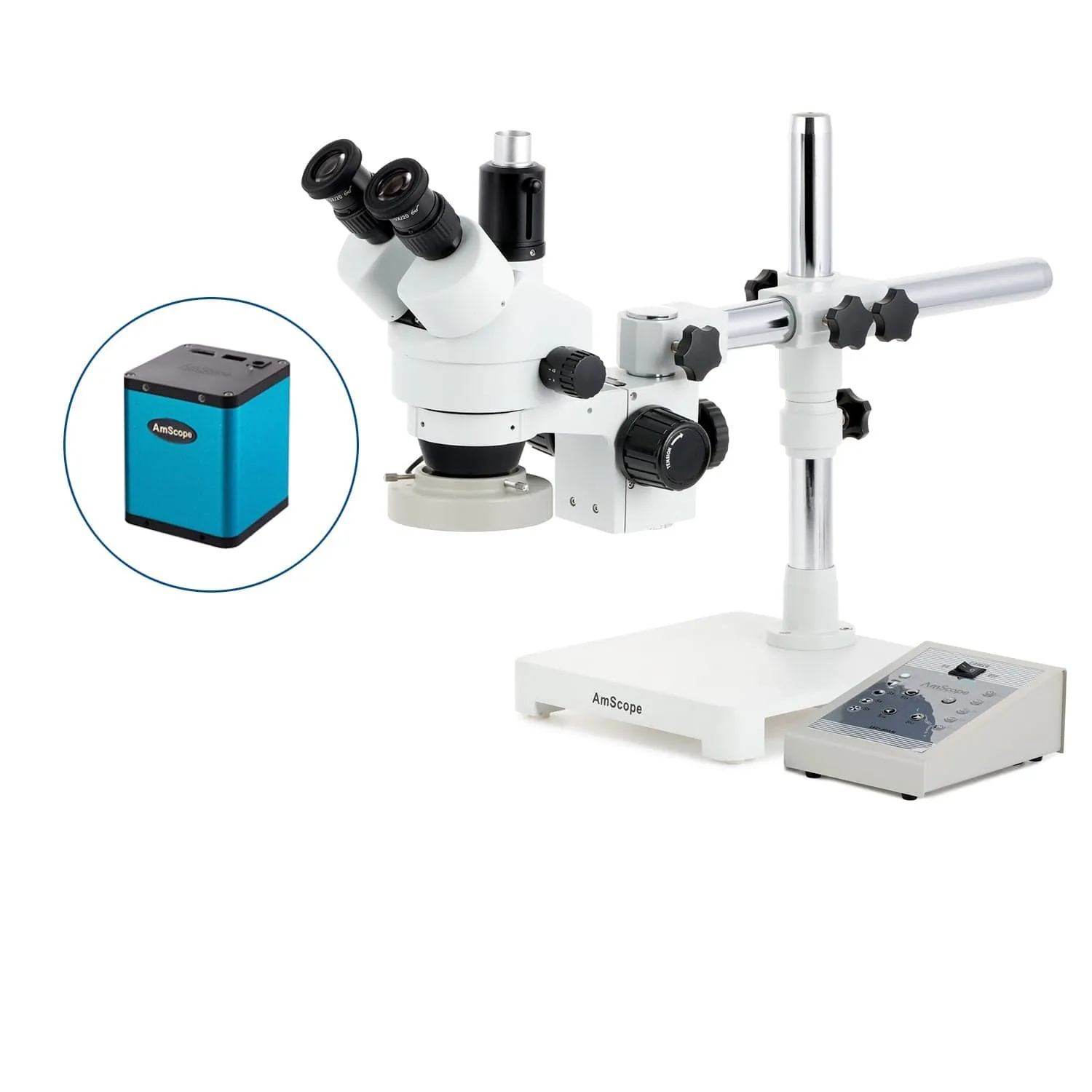 AmScope SM-3 Series Zoom Trinocular Stereo Microscope with 80 LED Direction Variable Ring Light and Auto Focus Camera on Single Arm Boom Stand