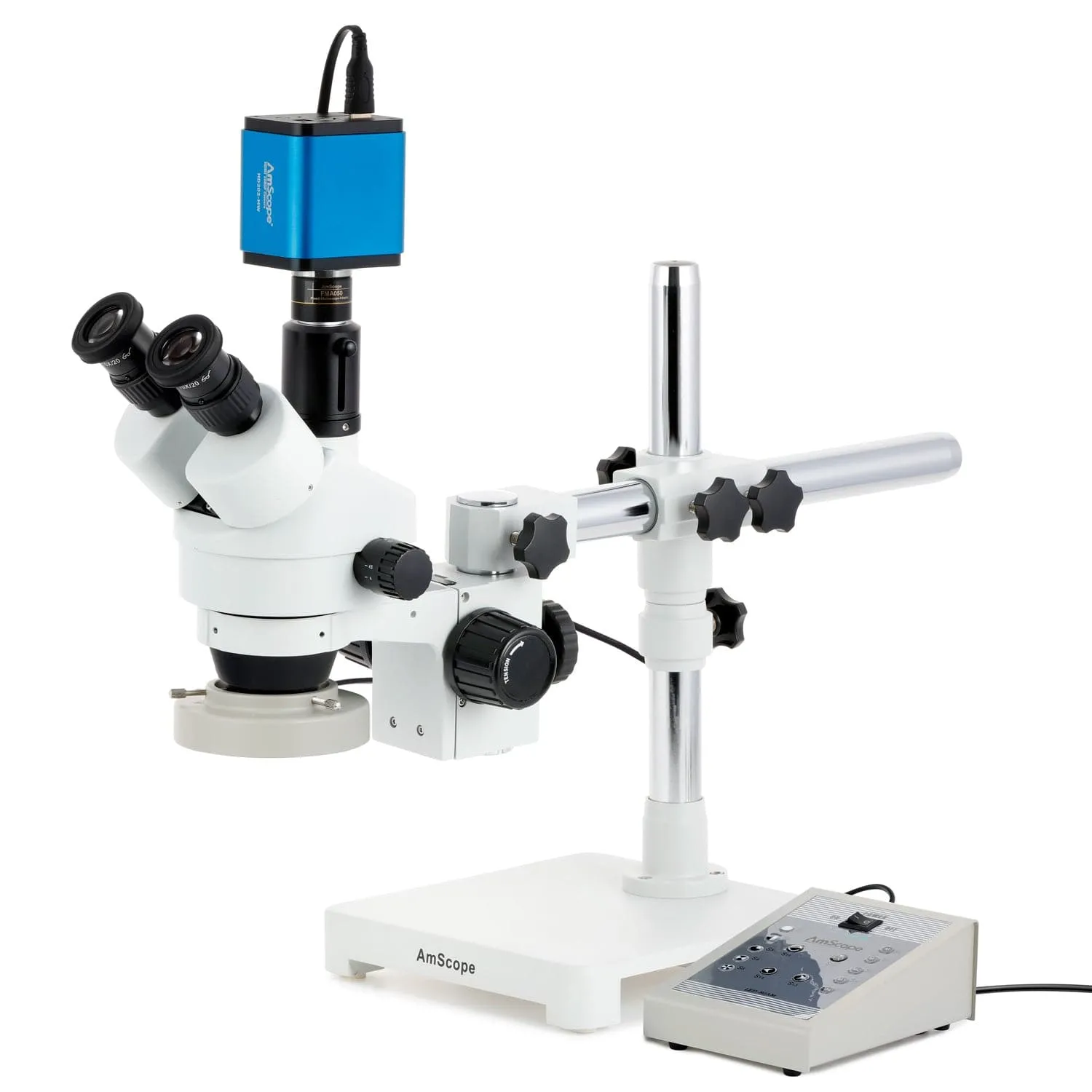 AmScope SM-3 Series Zoom Trinocular Stereo Microscope with 80 LED Direction Variable Ring Light and HDMI Camera on Single Arm Boom Stand