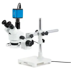 AmScope SM-3 Series Zoom Trinocular Stereo Microscope with 8W Fluorescent Ring Light and HDMI Camera on Single Arm Boom Stand