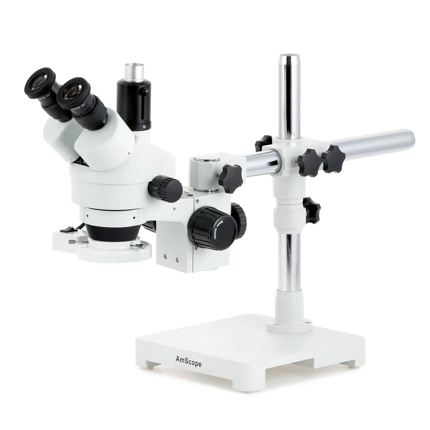 AmScope SM-3 Series Zoom Trinocular Stereo Microscope with 8W Fluorescent Ring Light and HDMI Camera on Single Arm Boom Stand