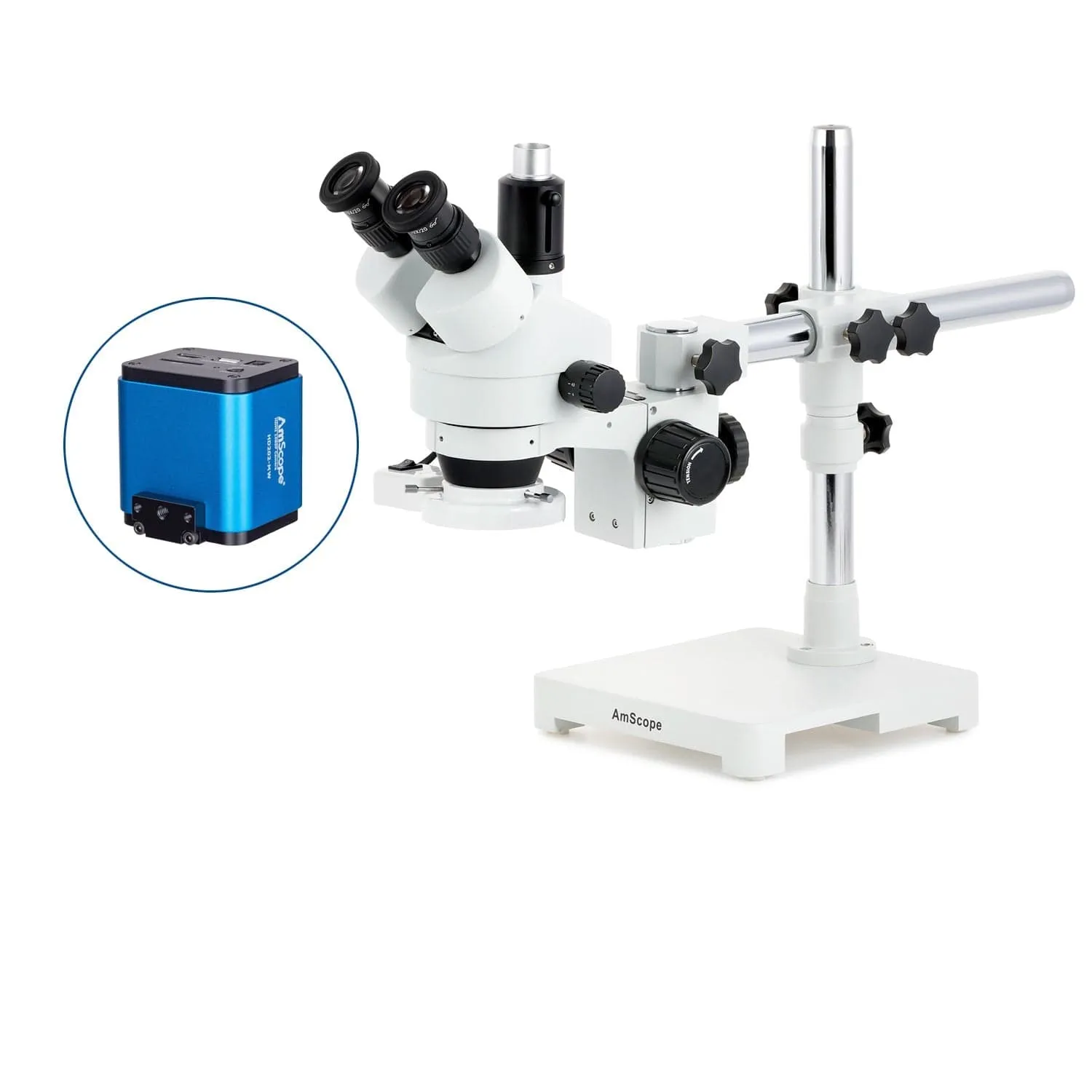 AmScope SM-3 Series Zoom Trinocular Stereo Microscope with 8W Fluorescent Ring Light and HDMI Camera on Single Arm Boom Stand