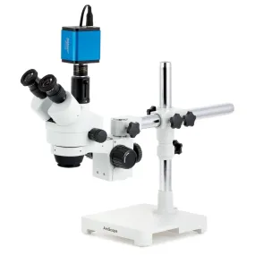 AmScope SM-3 Series Zoom Trinocular Stereo Microscope with HDMI Camera on Single Arm Boom Stand