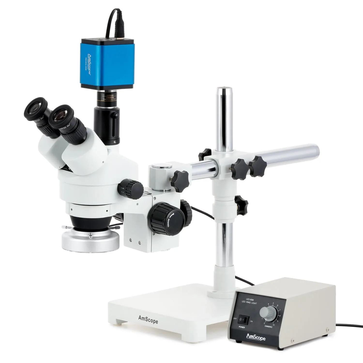 AmScope SM-3 Series Zoom Trinocular Stereo Microscope with Heavy Duty 80 LED Ring Light and HDMI Camera on Single Arm Boom Stand