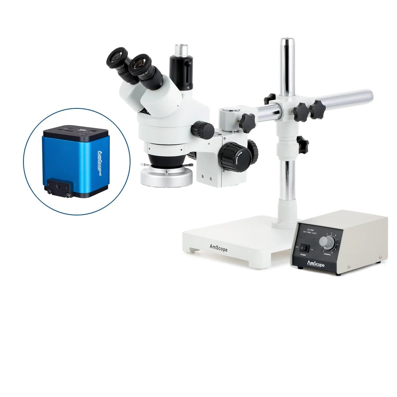 AmScope SM-3 Series Zoom Trinocular Stereo Microscope with Heavy Duty 80 LED Ring Light and HDMI Camera on Single Arm Boom Stand