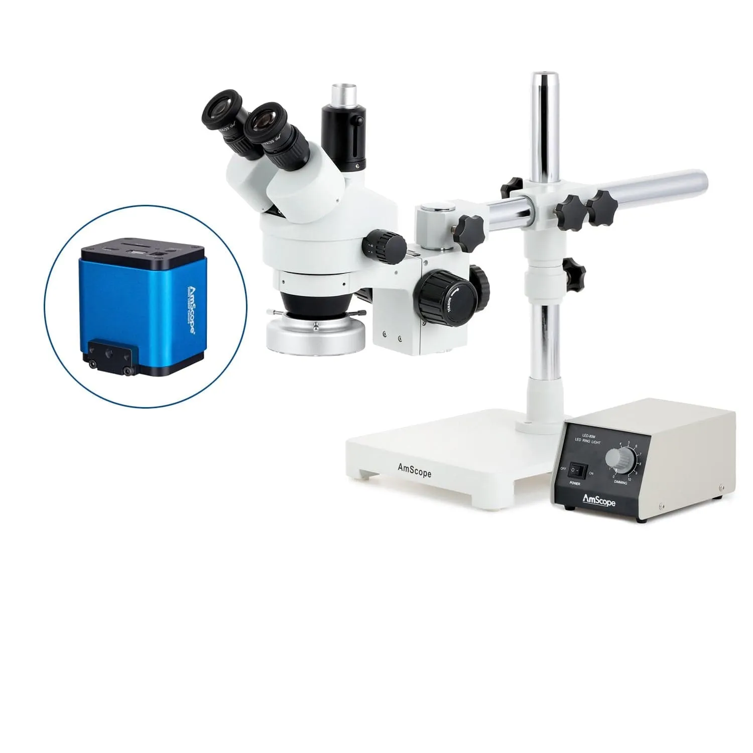 AmScope SM-3 Series Zoom Trinocular Stereo Microscope with Heavy Duty 80 LED Ring Light and HDMI Camera on Single Arm Boom Stand