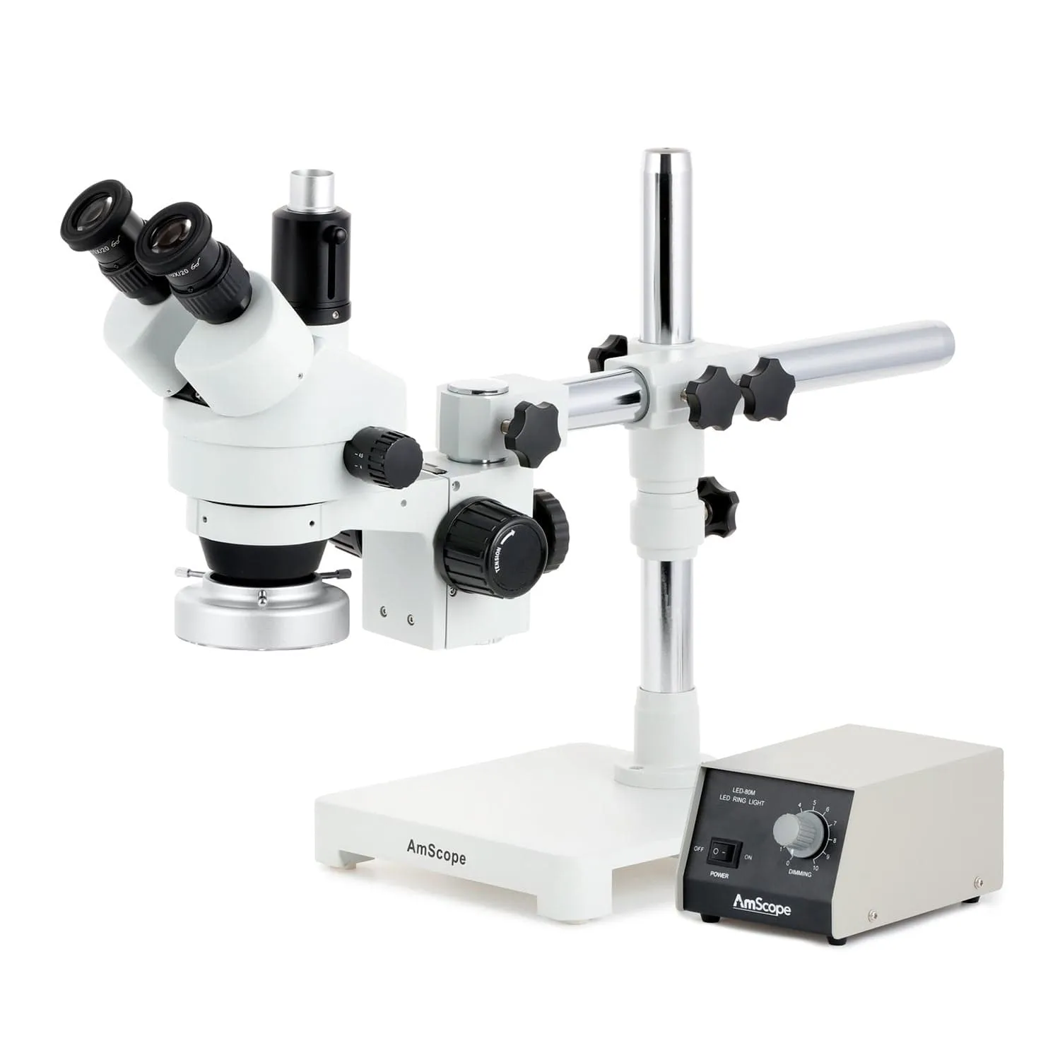 AmScope SM-3 Series Zoom Trinocular Stereo Microscope with Heavy Duty 80 LED Ring Light and HDMI Camera on Single Arm Boom Stand