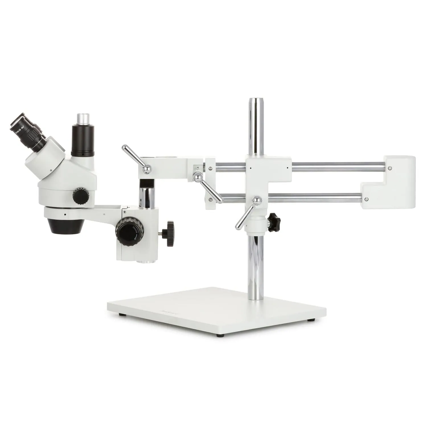 AmScope SM-4 Series Simul-Focal Zoom Trinocular Stereo Microscope with 150W Halogen Dual Fiber Gooseneck Lights and HDMI Camera on Double Arm Boom Stand