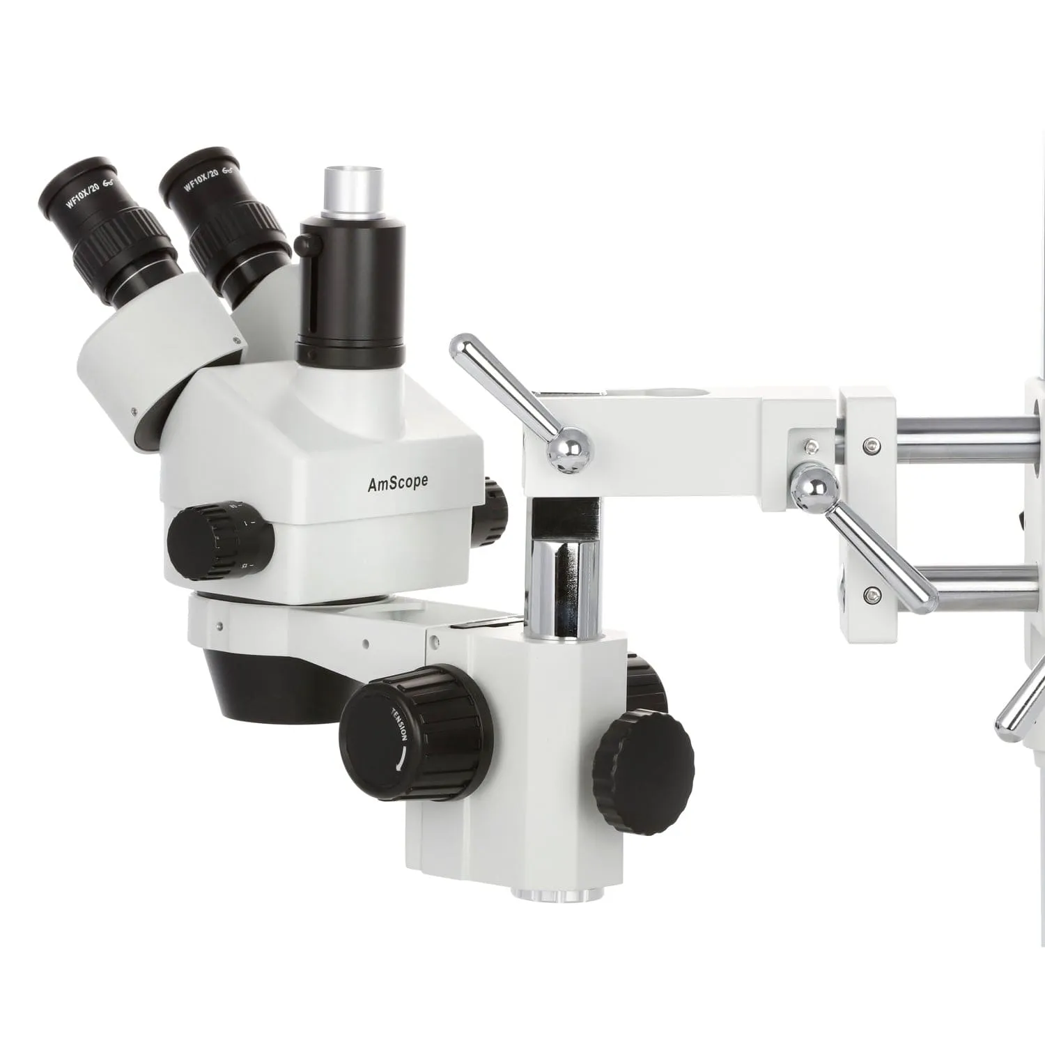 AmScope SM-4 Series Simul-Focal Zoom Trinocular Stereo Microscope with 150W Halogen Dual Fiber Gooseneck Lights and HDMI Camera on Double Arm Boom Stand