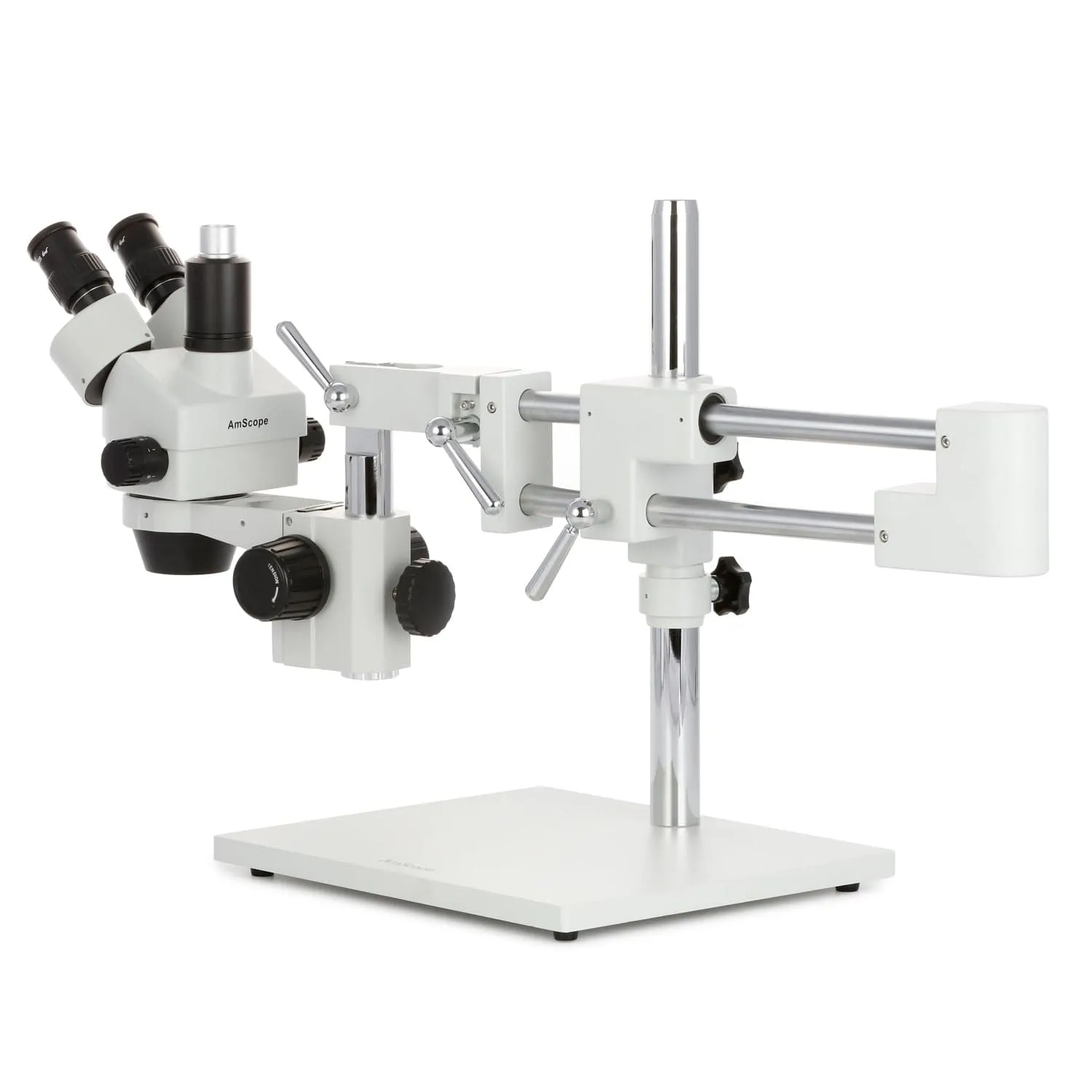 AmScope SM-4 Series Simul-Focal Zoom Trinocular Stereo Microscope with 150W Halogen Dual Fiber Gooseneck Lights and HDMI Camera on Double Arm Boom Stand