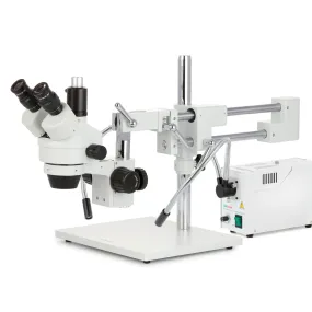 AmScope SM-4 Series Simul-Focal Zoom Trinocular Stereo Microscope with 150W Halogen Dual Fiber Gooseneck Lights and HDMI Camera on Double Arm Boom Stand