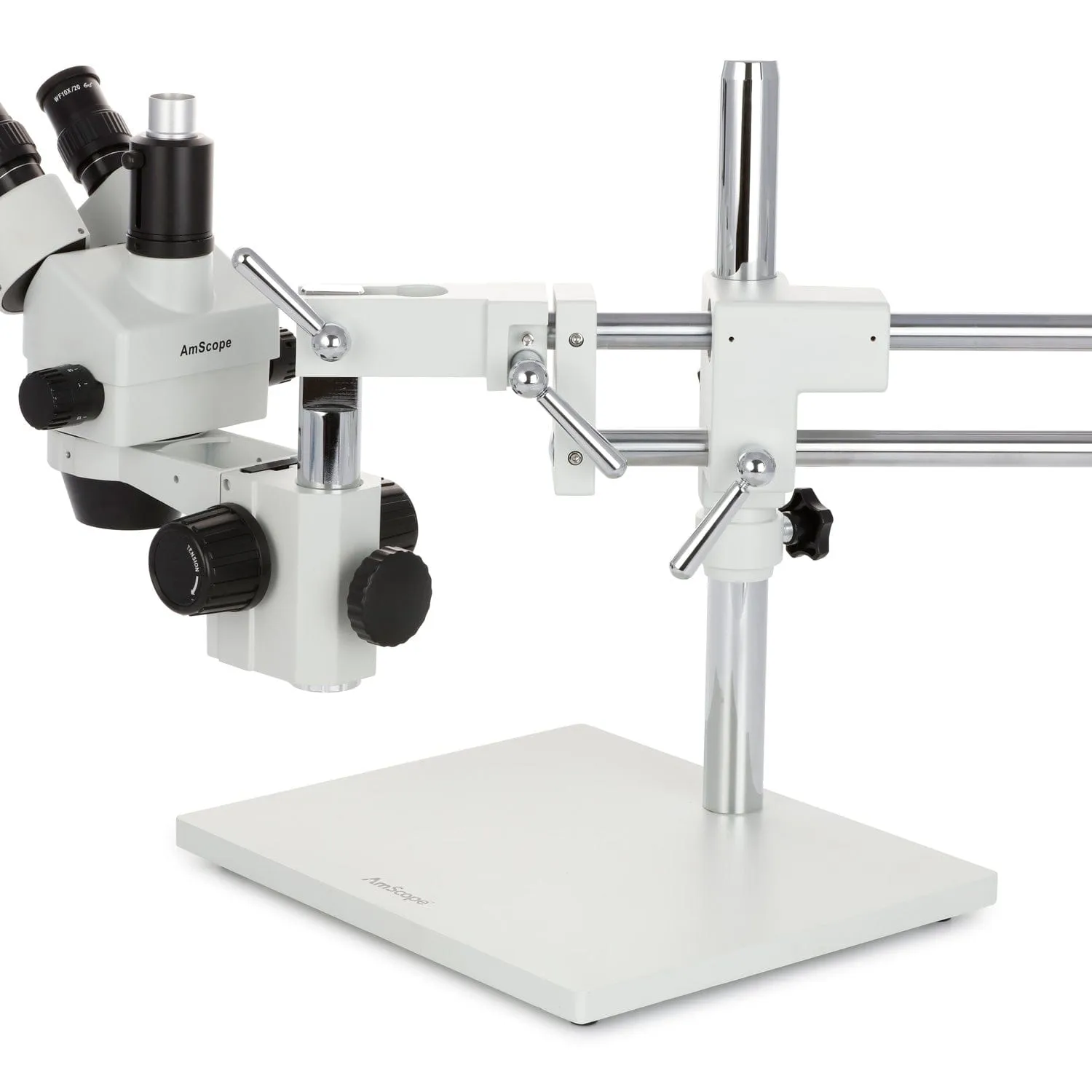 AmScope SM-4 Series Simul-Focal Zoom Trinocular Stereo Microscope with 150W Halogen Dual Fiber Gooseneck Lights and HDMI Camera on Double Arm Boom Stand