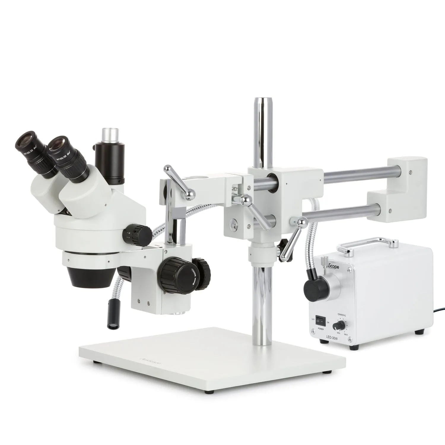 AmScope SM-4 Series Simul-Focal Zoom Trinocular Stereo Microscope with 30W LED Single Fiber Optic Gooseneck Light and Auto Focus Camera on Double Arm Boom Stand