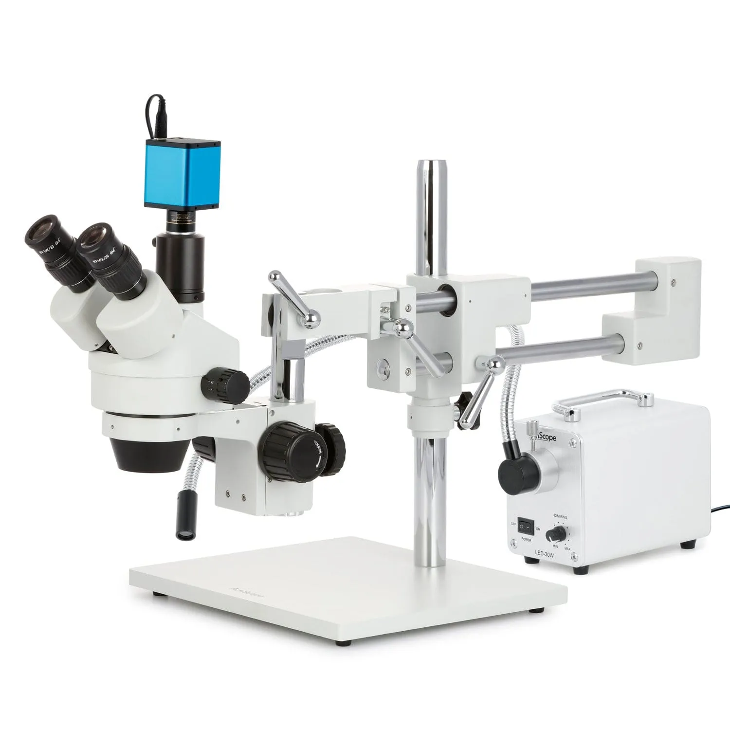 AmScope SM-4 Series Simul-Focal Zoom Trinocular Stereo Microscope with 30W LED Single Fiber Optic Gooseneck Light and Auto Focus Camera on Double Arm Boom Stand