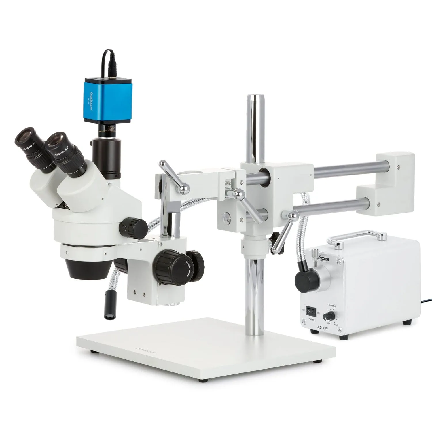 AmScope SM-4 Series Simul-Focal Zoom Trinocular Stereo Microscope with 30W LED Single Fiber Optic Gooseneck Light and Auto Focus Camera on Double Arm Boom Stand