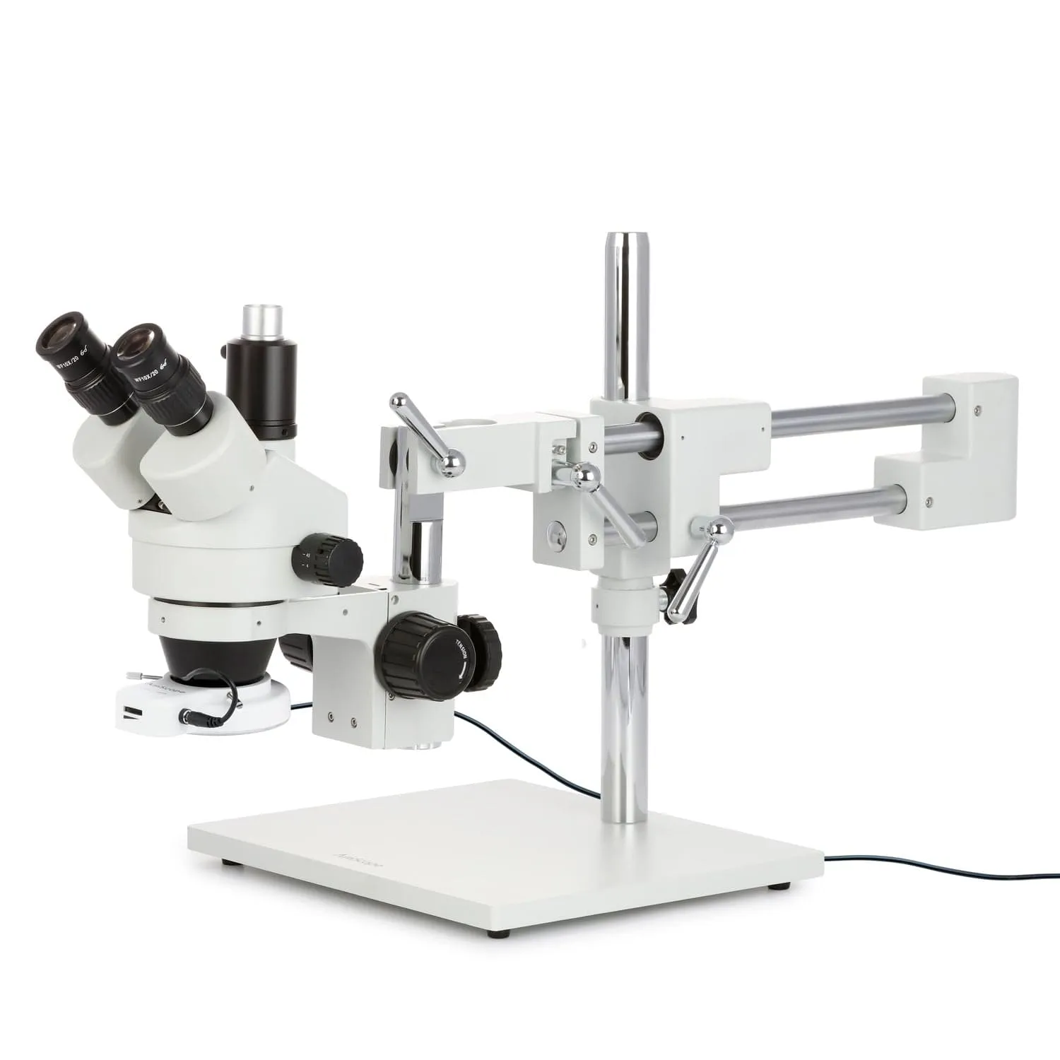 AmScope SM-4 Series Simul-Focal Zoom Trinocular Stereo Microscope with 56 LED Compact Ring Light and Auto Focus Camera on Double Arm Boom Stand