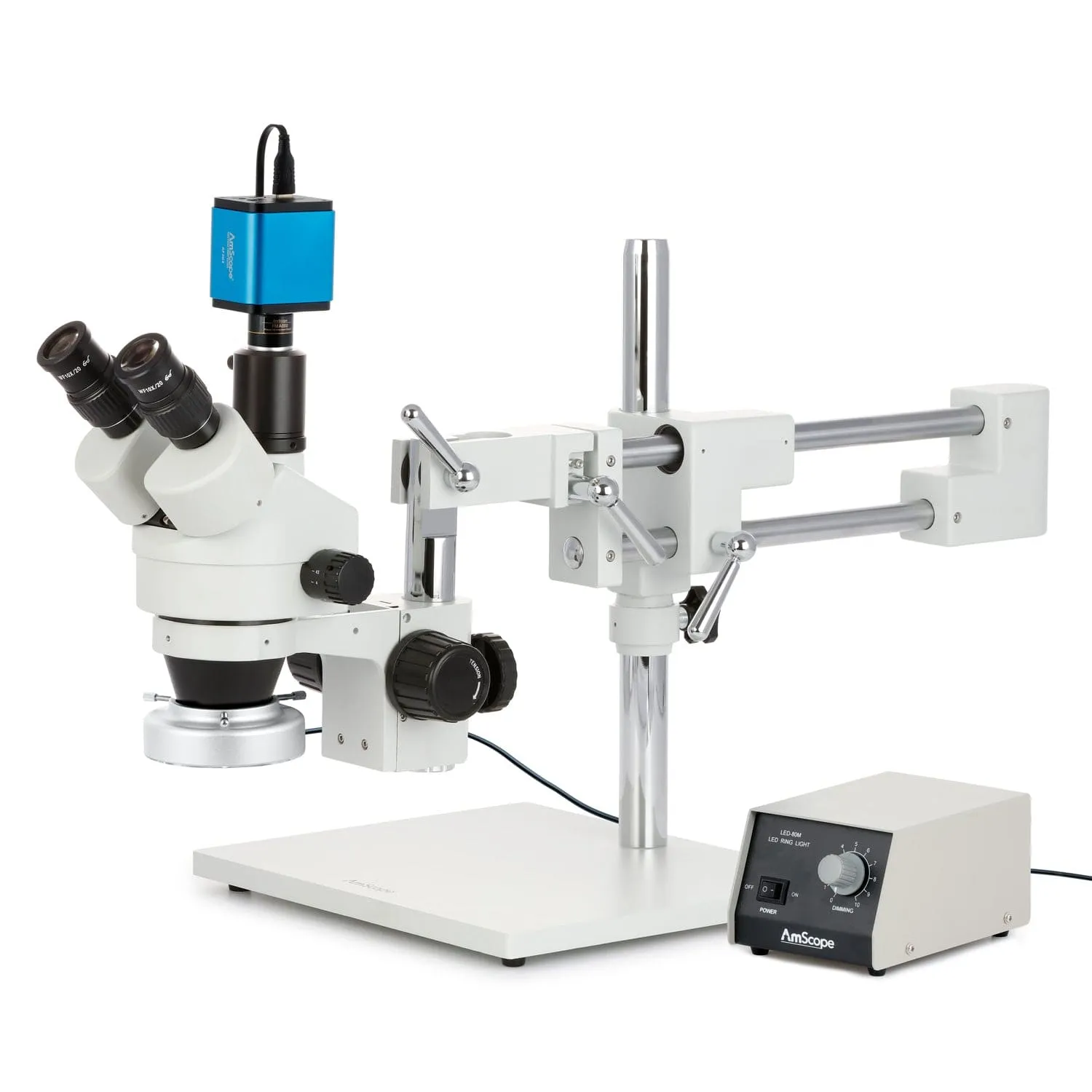 AmScope SM-4 Series Simul-Focal Zoom Trinocular Stereo Microscope with Heavy Duty 80 LED Ring Light and Auto Focus Camera on Double Arm Boom Stand