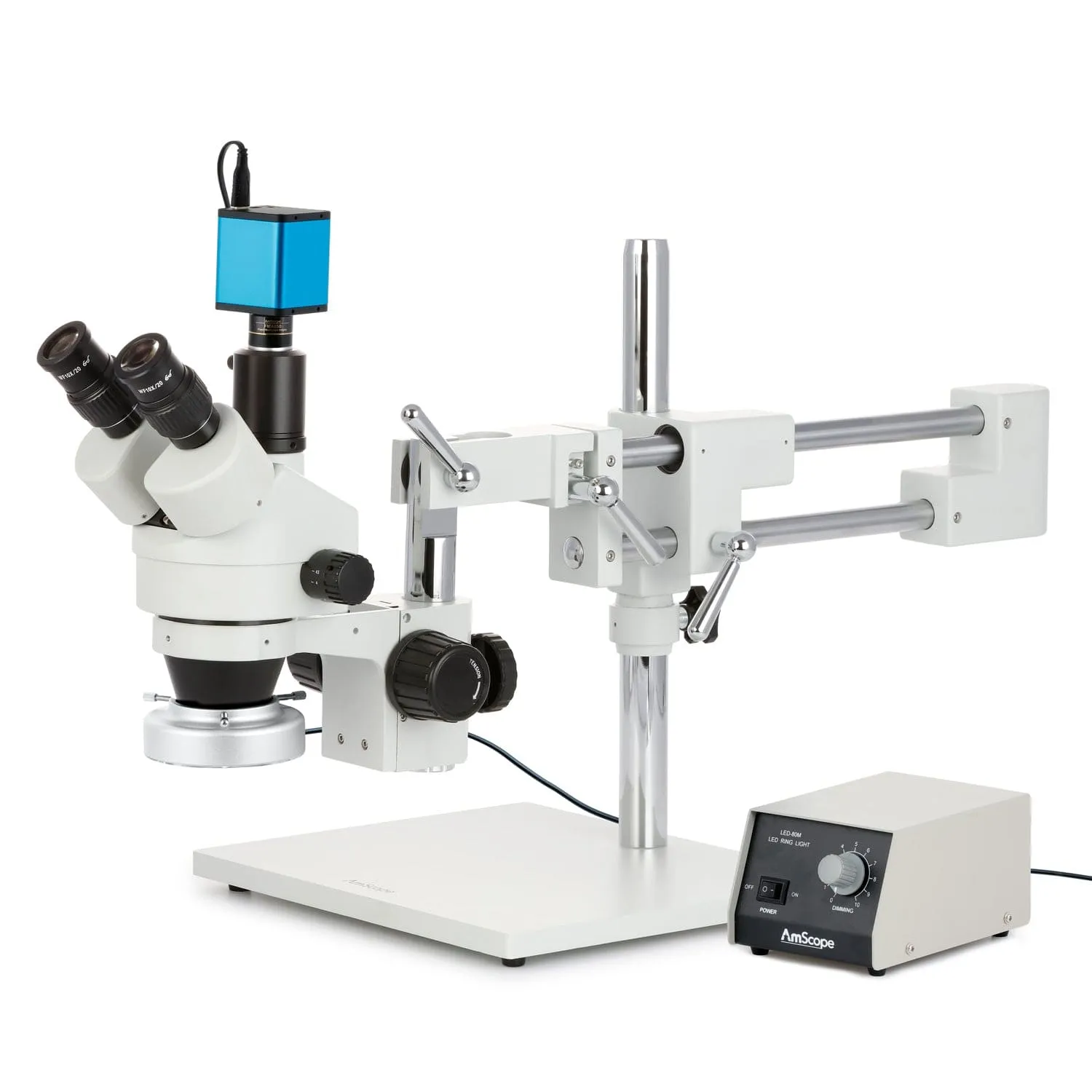 AmScope SM-4 Series Simul-Focal Zoom Trinocular Stereo Microscope with Heavy Duty 80 LED Ring Light and Auto Focus Camera on Double Arm Boom Stand