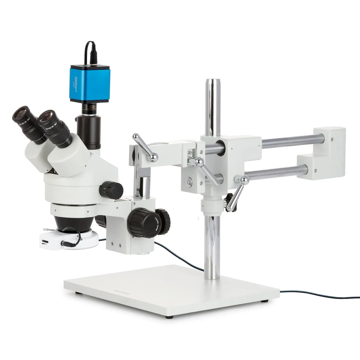 AmScope SM-4 Series Zoom Trinocular Stereo Microscope with 144 LED Compact Ring Light and Auto Focus Camera on Double Arm Boom Stand