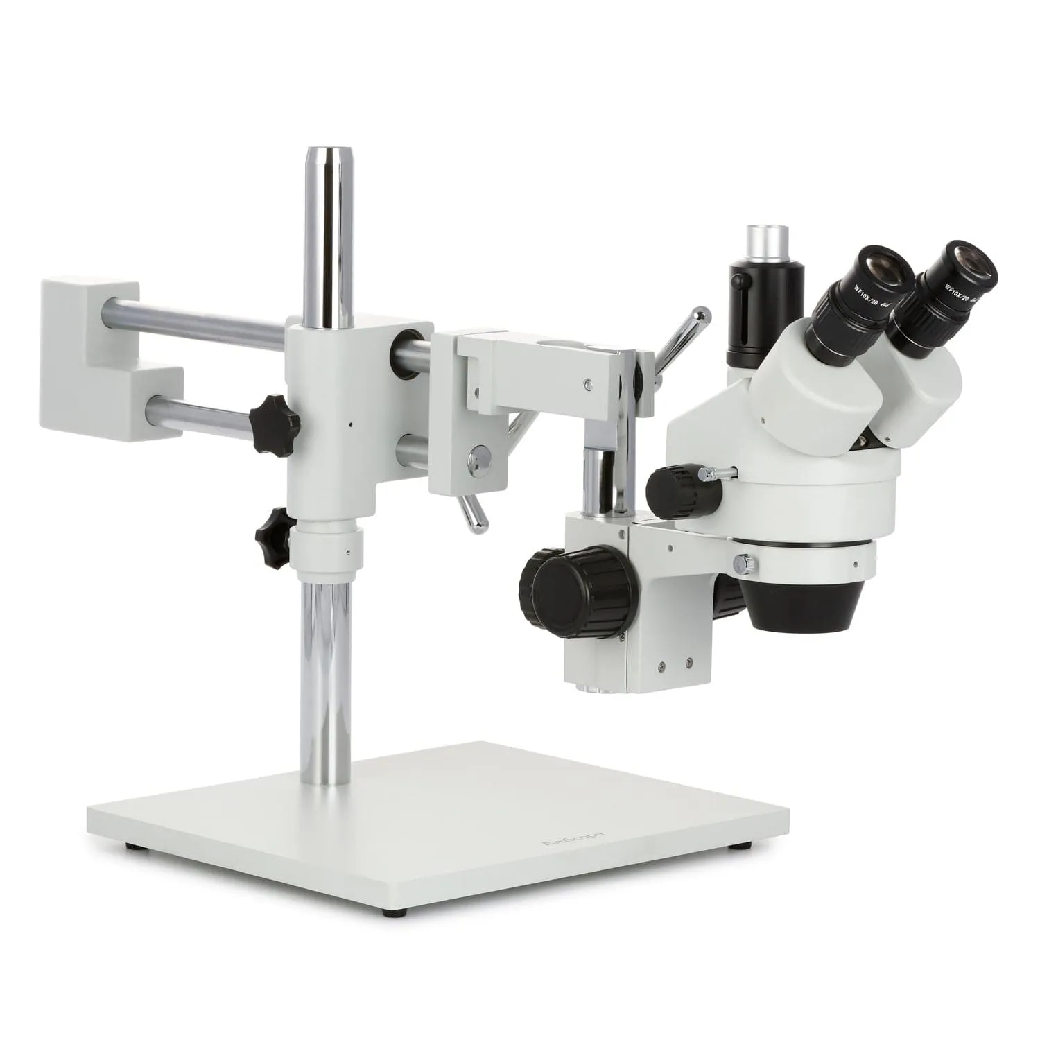 AmScope SM-4 Series Zoom Trinocular Stereo Microscope with 144 LED Compact Ring Light and Auto Focus Camera on Double Arm Boom Stand