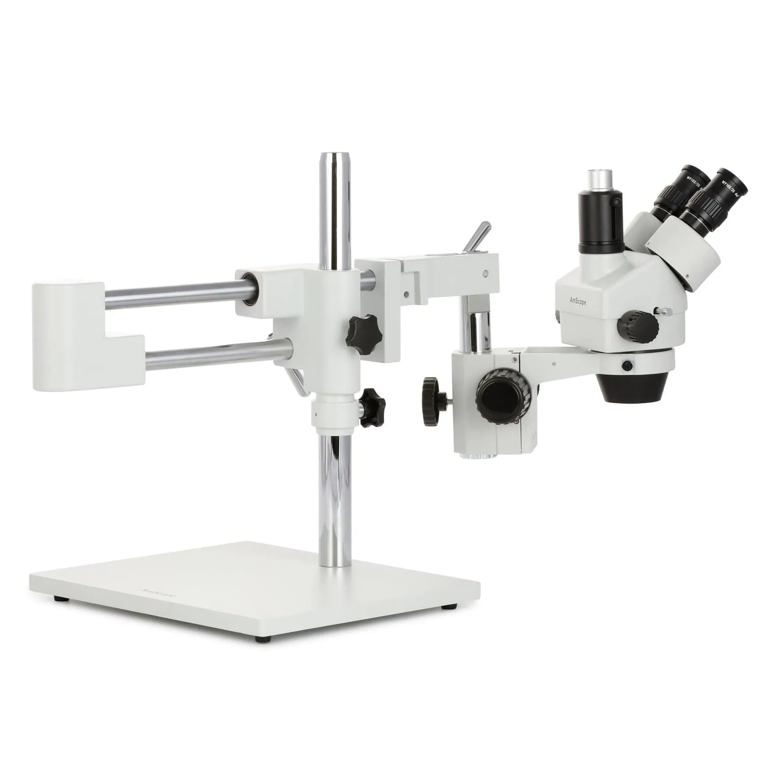 AmScope SM-4 Series Zoom Trinocular Stereo Microscope with 144 LED Compact Ring Light and Auto Focus Camera on Double Arm Boom Stand