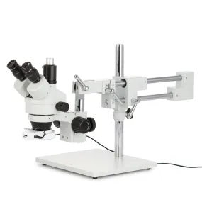 AmScope SM-4 Series Zoom Trinocular Stereo Microscope with 144 LED Compact Ring Light and Auto Focus Camera on Double Arm Boom Stand