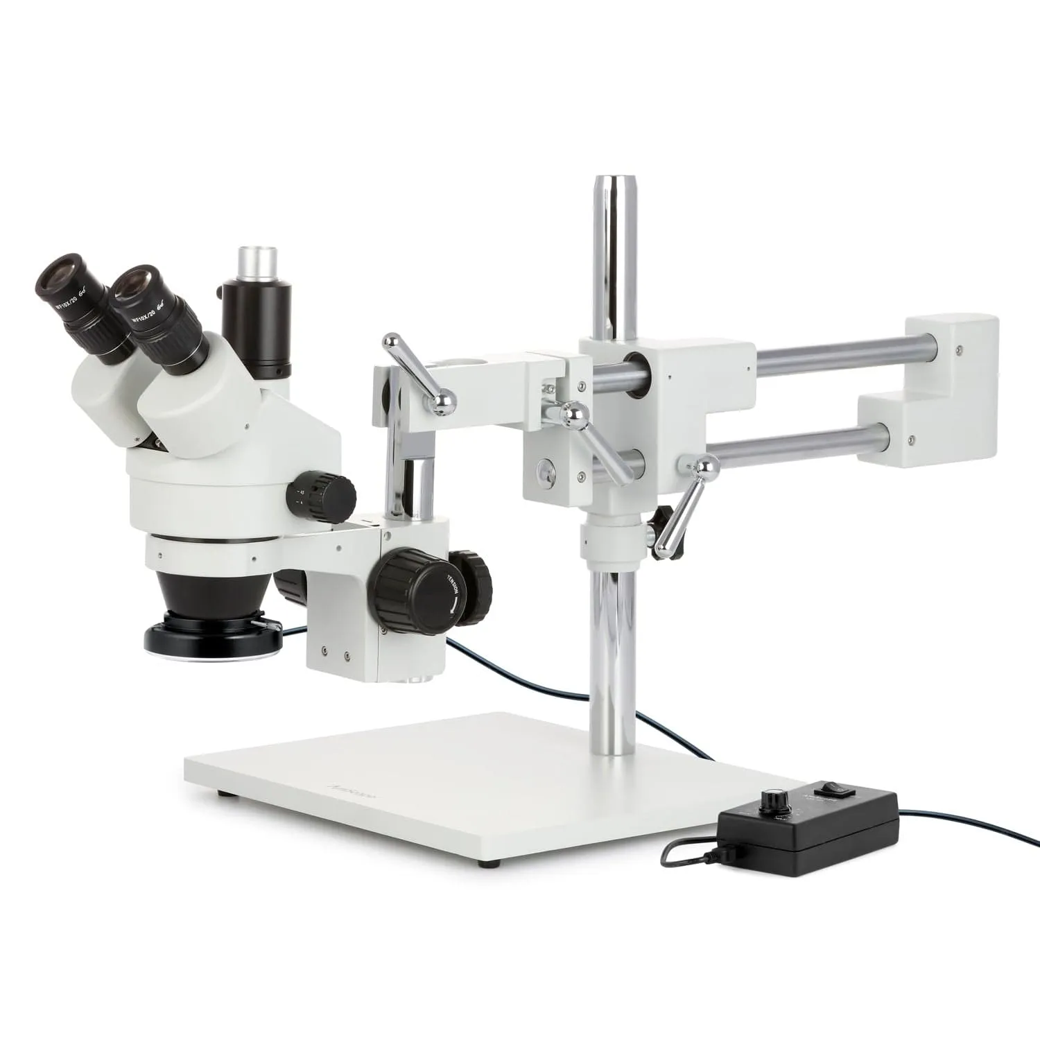 AmScope SM-4 Series Zoom Trinocular Stereo Microscope with 144 LED Ring Light and Auto Focus Camera on Double Arm Boom Stand