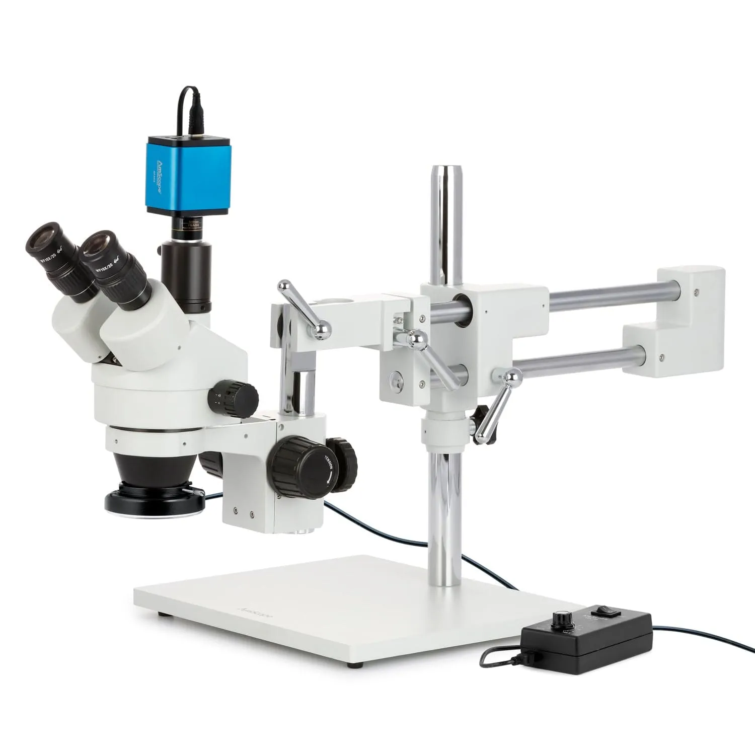 AmScope SM-4 Series Zoom Trinocular Stereo Microscope with 144 LED Ring Light and Auto Focus Camera on Double Arm Boom Stand