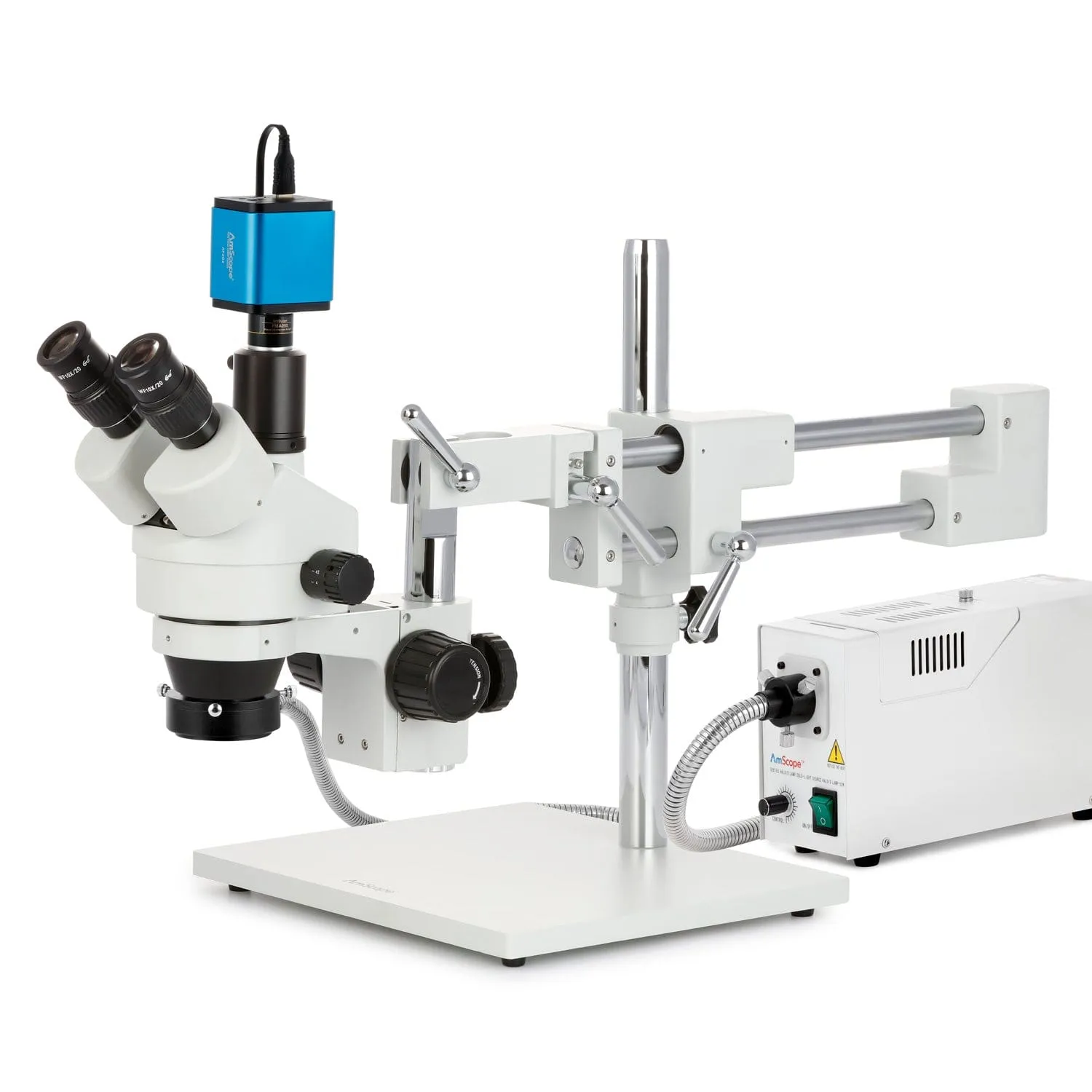 AmScope SM-4 Series Zoom Trinocular Stereo Microscope with 150W Halogen Ring Light and Auto Focus Camera on Double Arm Boom Stand