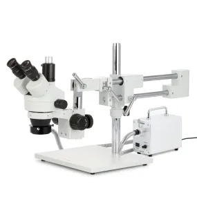 AmScope SM-4 Series Zoom Trinocular Stereo Microscope with 30W LED Fiber Optic Ring Light and HDMI Camera on Double Arm Boom Stand